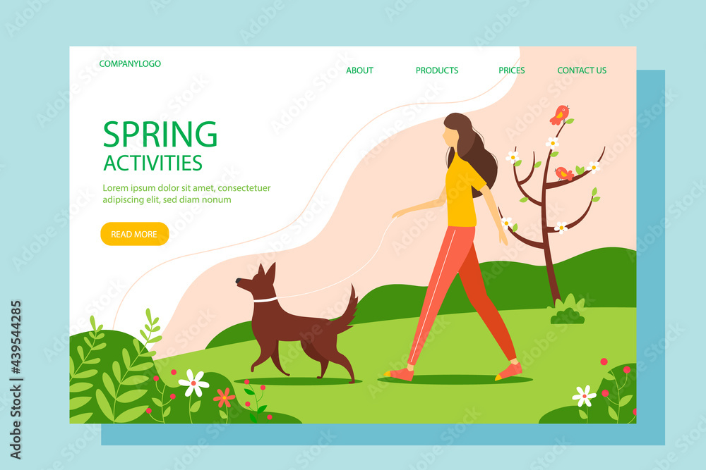 Woman walking with the dog in the park. Landing page template. Cute  spring illustration in flat style.