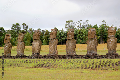 Ahu Akivi Ceremonial Platform which the Group of Moai Statues Looking Out Towards Pacific Ocean, Easter Island, Chile, South America