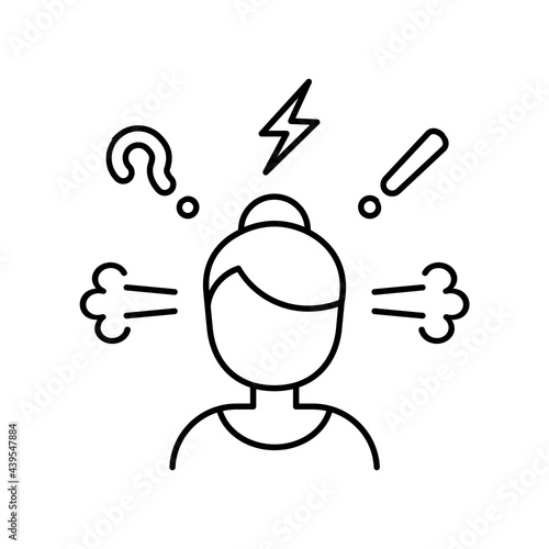 Stressed, angry, confused woman line icon. Female face with question mark, thunder bolt, exclamation sign. Negative thinking. Anxiety, depression and anger concept. Vector illustration, flat, clip art