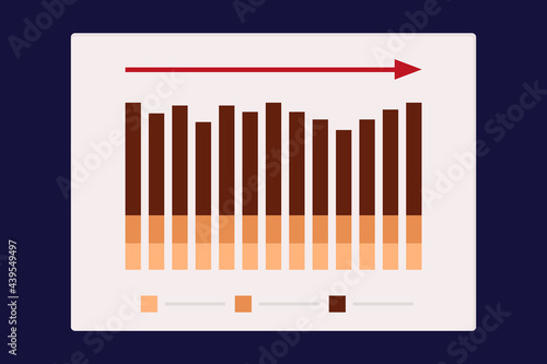 Stable graph, diagram. Statistics, dynamics of development and process performance.Red arrow direction. Business analysis paper document,  result, page, sheet. Report indicator traffic concept. Vector
