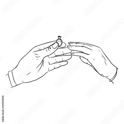 Will you marry me poster. Marriage proposal vector illustration with wedding ring and male and female hands. Engagement proposal. Marriage proposal. Sketch black white. circuit