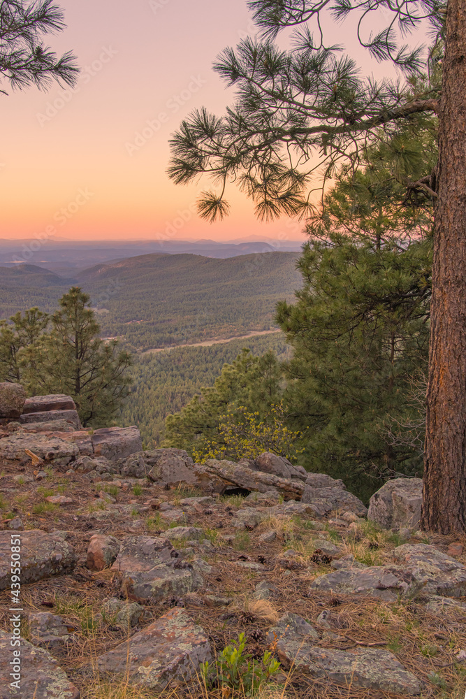 In Payson, Arizona this is known as the Mogollon Rim. The sun sets looking out over the rim, through the trees, the colorful sky paints the ledge and flowing hills, boulders and trees colorful shades In Payson, Arizona this is known as the Mogollon Rim. The sun sets looking out over the rim, through the trees, the colorful sky paints the ledge and flowing hills, boulders and trees colorful shades