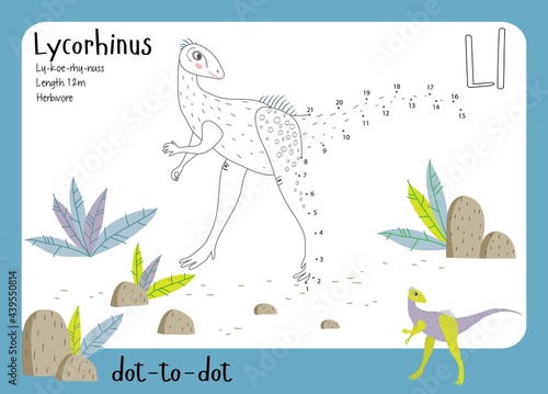 A dot by dot worksheet with dinosaur, name, facts and alphabet letter. Children's riddle.Coloring page for kids. Activity art game. Vector illustration. Set cards a-z dinosaur L. Lycorhinus