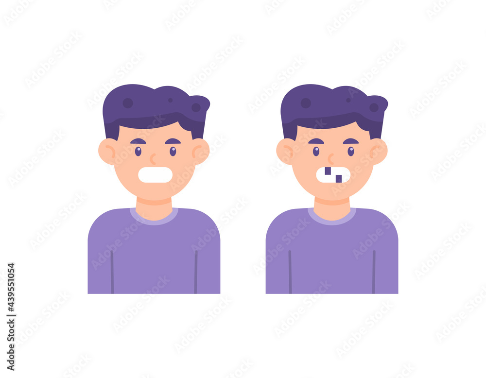 illustration of a foot boy showing his teeth or grimacing. toothless. grin. people's facial expressions. flat cartoon style. vector design
