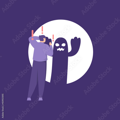 illustration of a man suffering from Sciophobia and Nyctophobia. fear and anxiety of shadows and darkness. excessive fear. flat cartoon style. vector design