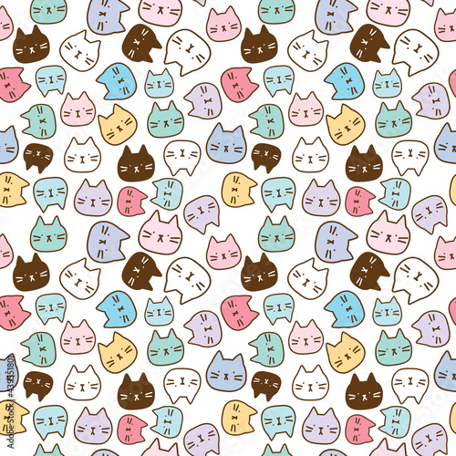 Seamless Pattern with Cartoon Cat  Face Design on White Background