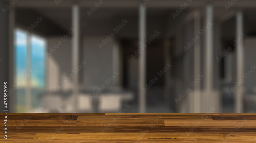 Background with empty table. Flooring. Elegant office interior. Mixed media. 3D rendering.