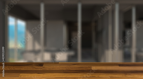 Background with empty table. Flooring. Elegant office interior. Mixed media. 3D rendering. © COK House
