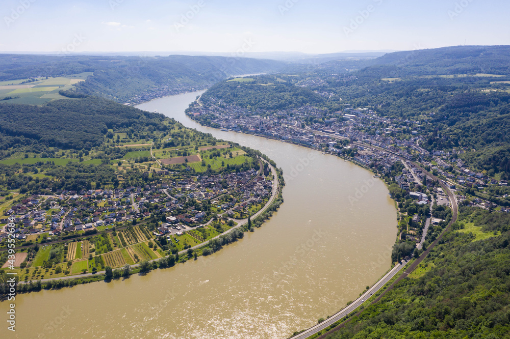Panoramic aerial view of the Rhine loop or sinuosity near the city of Boppard. Gedeon Neck lookout point. Boppard is the city in the Upper Middle Rhine Valley in Germany.