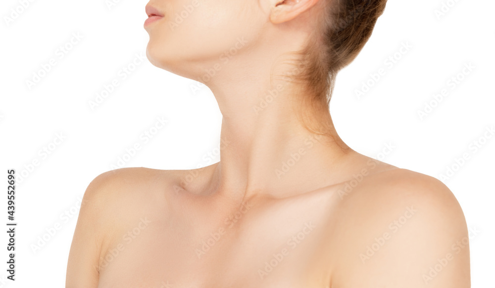 Neck. Close up portrait of beautiful albino female model. Parts of face and body. Beauty, fashion, skincare, cosmetics, wellness concept. Neck. Close up portrait of beautiful albino female model. Parts of face and body. Beauty, fashion, skincare, cosmetics, wellness concept.
