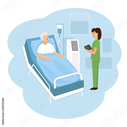 An elderly man lies in a hospital room and receives dialysis.