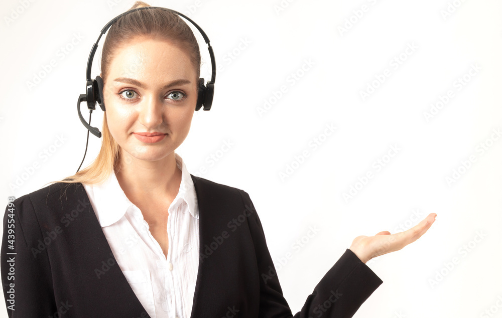 Portrait of beautiful happy call center smiling businesswoman operator customer support consult phone services with wireless headset microphone with copy space banner for adding text on white Portrait of beautiful happy call center smiling businesswoman operator customer support consult phone services with wireless headset microphone with copy space banner for adding text on white