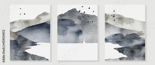 Mountain water color background vector. landscape wall art design with brush texture, sun, birds and cloud. Modern art mural wallpaper. Vector illustration.
