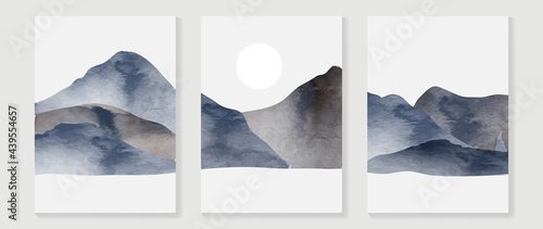 Mountain water color background vector. landscape wall art design with brush texture, sun, birds and cloud. Modern art mural wallpaper. Vector illustration.
