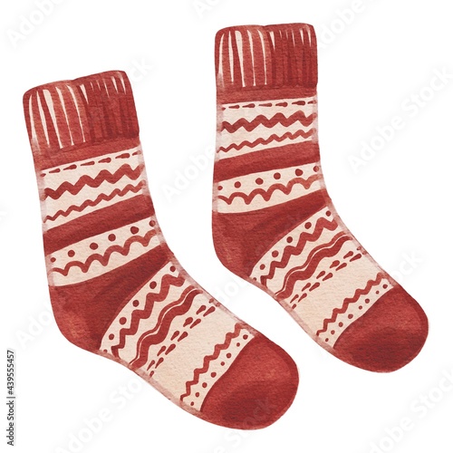 Watercolor hand drawing red woollen cozy warm socks. Autumn decoration. Use for poster, print, card, postcard, banner, harvest festival, shop, textile, template 