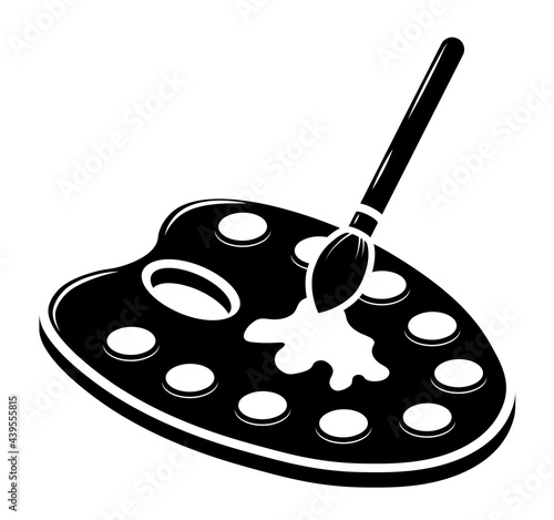 painter palette with multicolored watercolors and art brush. Stationery for school and creativity. Vector in monochrome contrasting style