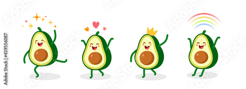 Vector set of illustration of cute happy character green and yellow avocado in different pose on white color background