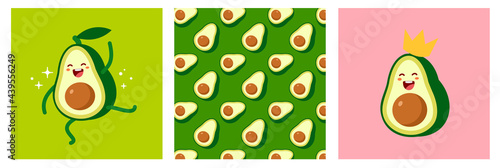 Vector set of illustration of happy character green and yellow avocado on color background with seamless pattern