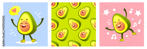 Vector set of illustration of happy character green and yellow avocado on color background with seamless pattern