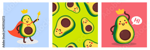 Vector set of illustration of cute happy character green and yellow avocado with smile and crown on color background with seamless pattern