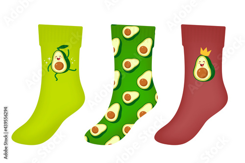 Vector set of illustration of sock with happy character green and yellow avocado on color background with seamless pattern