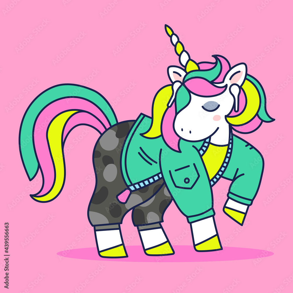 Vector illustration of beautiful unicorn with horn and rainbow mane in a fashion jacket Vector illustration of beautiful unicorn with horn and rainbow mane in a fashion jacket