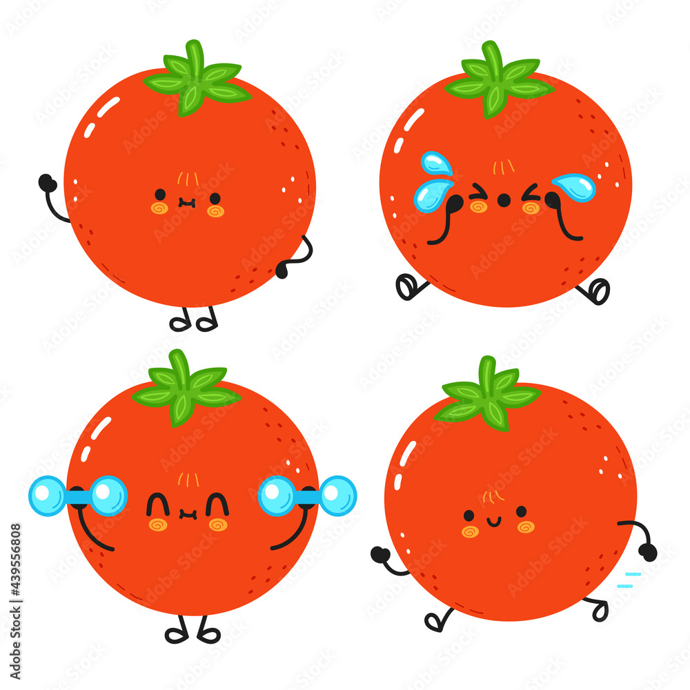 Funny cute happy tomato characters bundle set. Vector kawaii line cartoon style illustration. Cute a tomato mascot character collection Funny cute happy tomato characters bundle set. Vector kawaii line cartoon style illustration. Cute a tomato mascot character collection