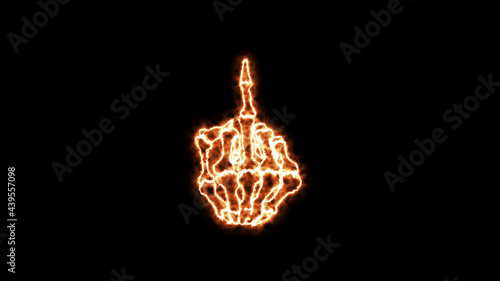 Fuck you, rude sign, fuck off, provocation gesture hot firelight glowing on black background. Symbol obscene fuck you by fire lights. Royalty high-quality free stock of hand, middle finger photo