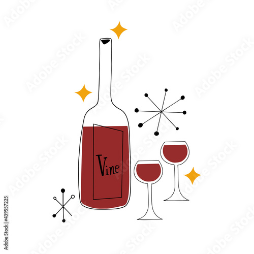 Vector poster with wine bottle and glasses date in mid century modern style
