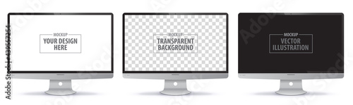 Computer monitor vector mockup with white, transparent and black screens. Realistic desktop PC display illustration set isolated on transparent background. 