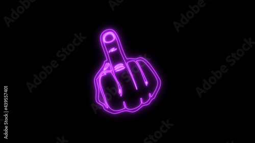 Fuck you, fuck off, provocation gesture neon sign fluorescent light glowing on black background. Symbol obscene fuck you by neon lights.  Royalty high-quality free stock of hand, middle finger