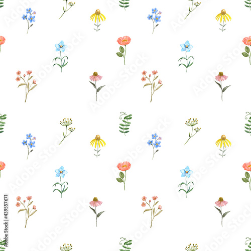 Ditsy floral seamless pattern. Pretty colorful wildflowers, herbs on white background. Hand painted watercolor plants. Summer meadow print. Botanical wallpaper with small flowers.