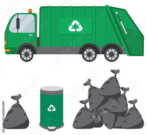 green garbage truck in flat style, isolated, vector