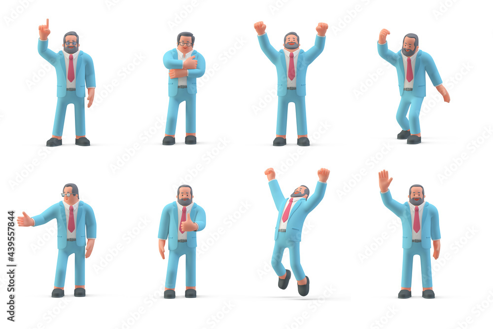 3D Business Man People standing in different Poses. Men Group set 3D illustration