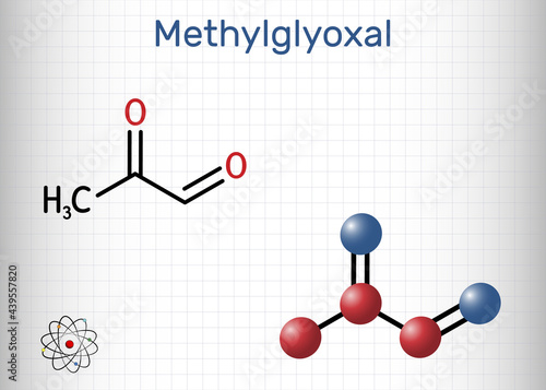 Methylglyoxal, MGO, pyruvaldehyde, pyruvic aldehyde molecule. It is used as flavoring agent, and in tanning. Structural chemical formula, molecule model. Sheet of paper in a cage