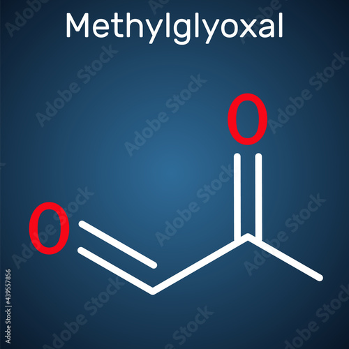 Methylglyoxal, MGO, pyruvaldehyde, pyruvic aldehyde molecule. It is used as flavoring agent, and in tanning. Structural chemical formula on the dark blue background