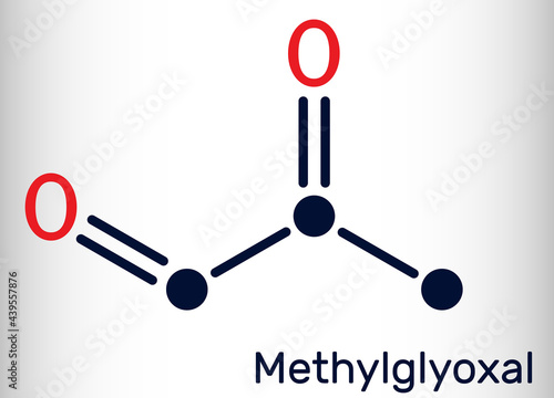 Methylglyoxal, MGO, pyruvaldehyde, pyruvic aldehyde molecule. It is used as flavoring agent, and in tanning. Skeletal chemical formula