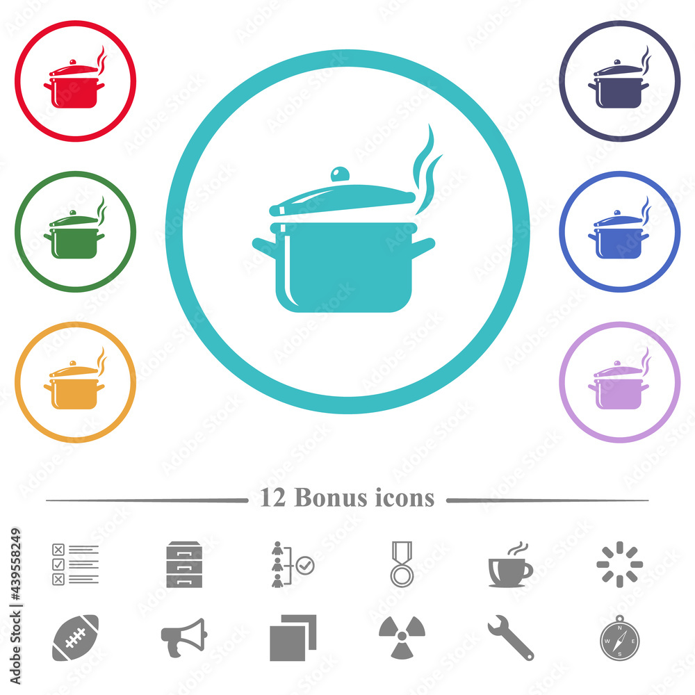 Steaming glossy pot with lid flat color icons in circle shape outlines Steaming glossy pot with lid flat color icons in circle shape outlines