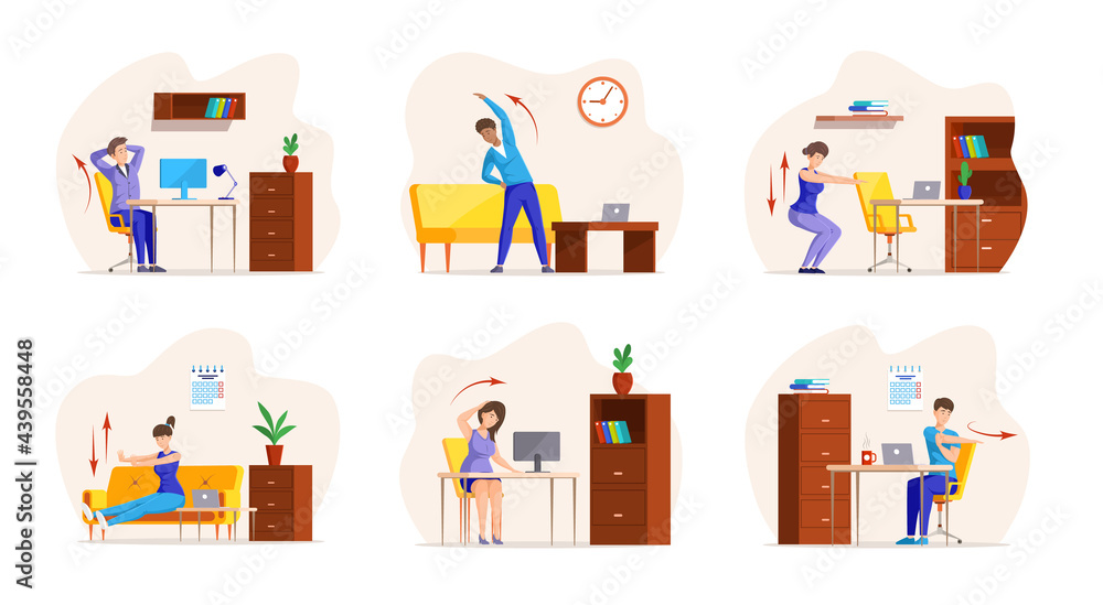 Collection people doing stretching exercises at office syndrome. Prevention of sedentary lifestyle Collection people doing stretching exercises at office syndrome. Prevention of sedentary lifestyle