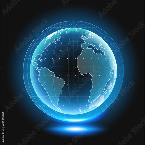 Holographic globe with continents. Computer Hologram Business Internet Background. image.