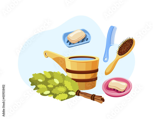 Bath and sauna accessories cartoon set. Accessories for sauna, spa treatments, hygiene products. Birch broom, soap, comb, wooden tub of water