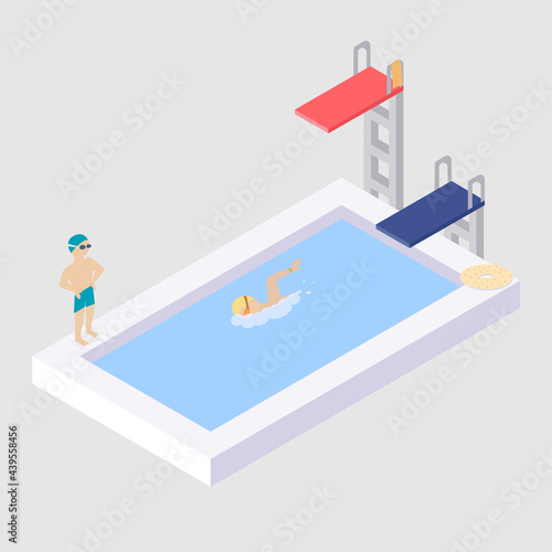 Basin. People swim in the pool, springboard for jumping into the pool. Isometric illustration.