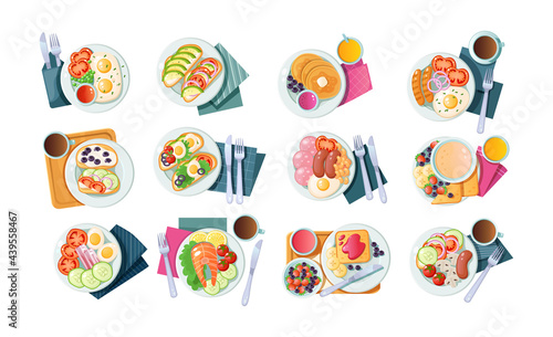 Collection of morning healthy food top view. Set classic breakfast dish tasty fresh brunch