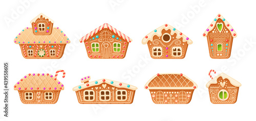 Collection different cute gingerbread christmas winter houses. Set of holiday candy cookies