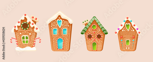 Collection different cute gingerbread christmas winter houses. Set of holiday candy cookies