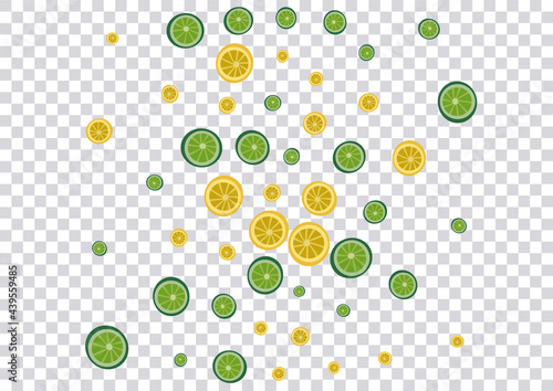 Fototapeta Naklejka Na Ścianę i Meble -  Sunny Lime Background Transparent Vector. Tropical Illustration. Juicy Lemon Funny. Colorful Citrus Grass Pattern.