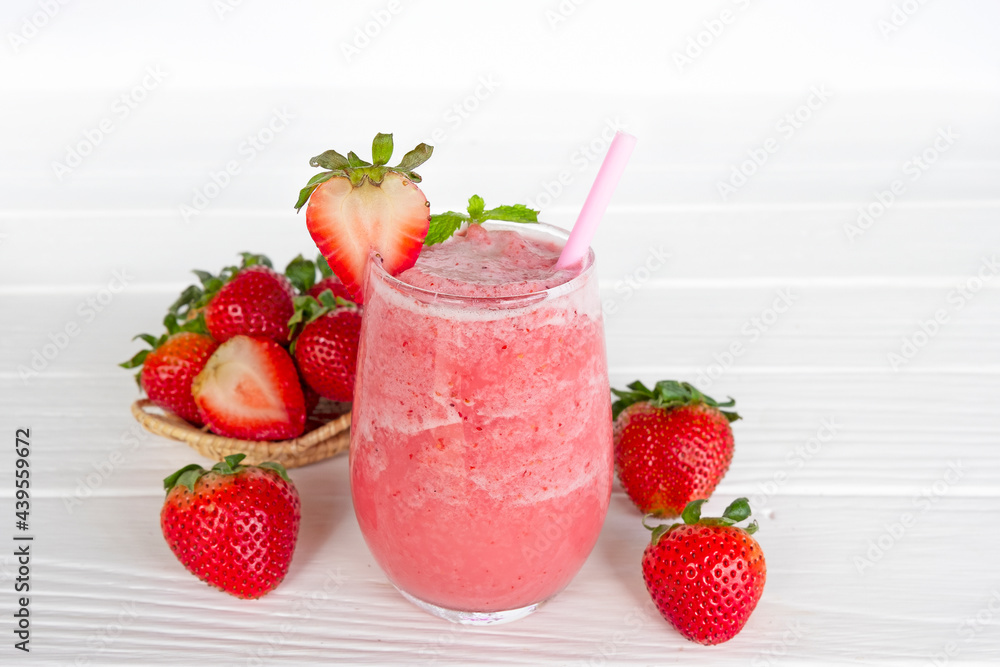 Strawberry yogurt fruit juice smoothie pink colorful fruit juice milkshake blend beverage healthy high protein the taste yummy In glass drink episode morning on white wood background. Strawberry yogurt fruit juice smoothie pink colorful fruit juice milkshake blend beverage healthy high protein the taste yummy In glass drink episode morning on white wood background.