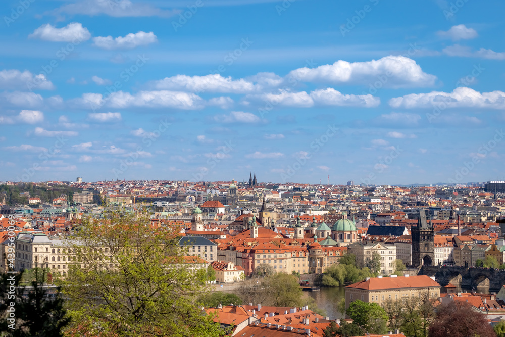 Prague cityscape - shot taken from Prague castle overlooking part of Charles Bridge and Old Town and New Town