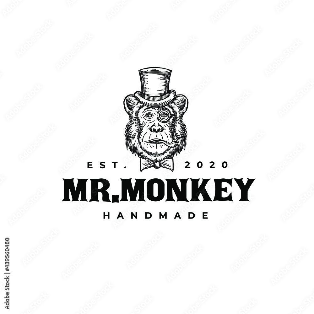 Head Monkey Gorilla With Hat Monocle Drawing Logo Vector Illustration Icon Template Head Monkey Gorilla With Hat Monocle Drawing Logo Vector Illustration Icon Template
