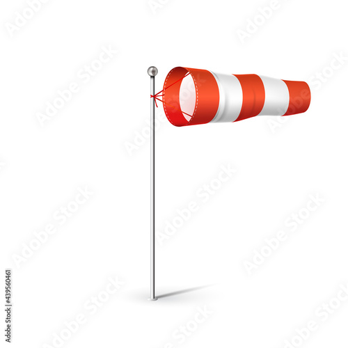 Airport Wind sock 3D realistic illustration. Red and white Wind flag showing wind direction and speed. Isolated on white.